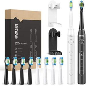 Bitvae Electric Toothbrushes 2 Pack Sonic Toothbrush with Holders, Dual Ultrasonic Electronic Toothbrush 8 Brush Heads 5 Modes, Rechargeable Power Toothbrush for 30 Days Using, Black & White