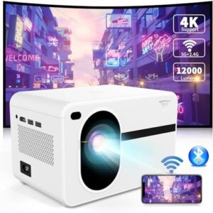 Projector with WiFi and Bluetooth, Wielio Native 1080P 12000L Outdoor Portable Mini Video Movie Projector, Proyector Compatible with iOS/Android/TV Stick/HDMI/USB for Home Theater, White