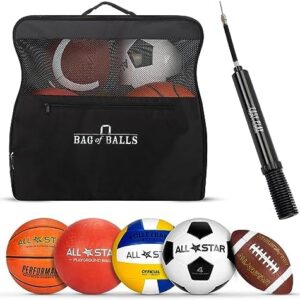 Complete Sports Ball Set - Outdoor Sports Balls in Carry Bag - Sport Balls Kit with Pump for Adults and Kids - Branded Soccer Ball, Basketball, Volleyball, American Football, Dodgeball Playground Ball…